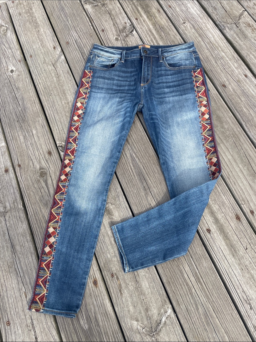 DRIFTWOOD Jackie Vintage Blue Skinny Jeans with Embroidered Geometric Side Trim